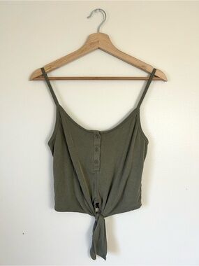 Ardene Olive Green Henley Tie Front Crop Tank Top Small Boho⁠ Cottagecore